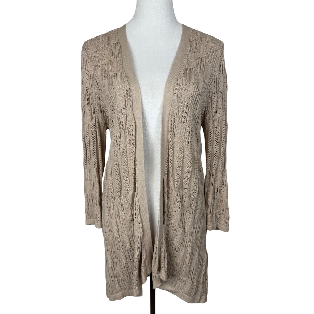 August Silk Women Cotton Cardigan M Tan Open Front Pointelle Knit Longline